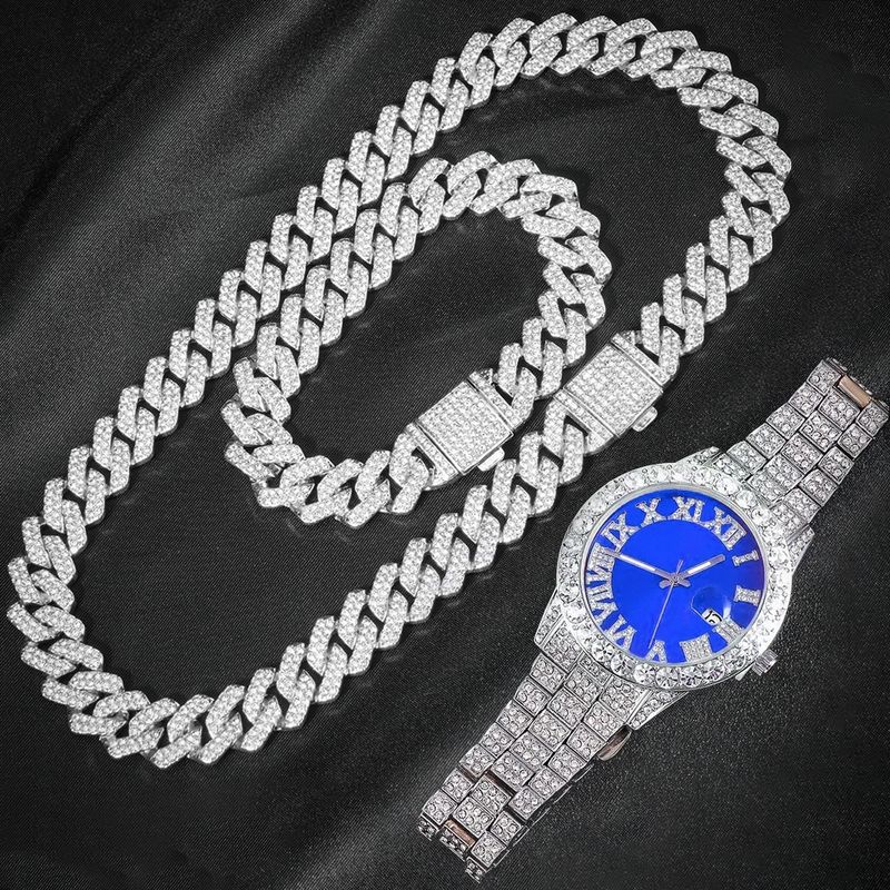 3-teiliges Set kubanischer Kettenuhren für Herren im Hip-Hop-Miami-Stil, verziert mit Strasssteinen, bestehend aus Halskette, Uhr und Armband._voghion.com