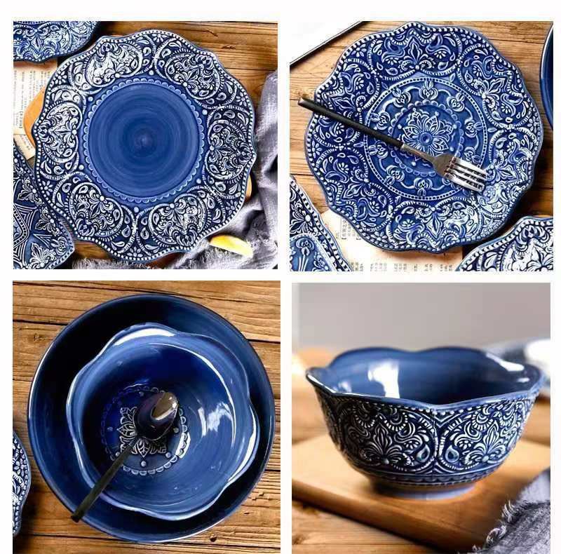 Juego de platos y cuencos barrocos de alta gama, estilo étnico, para uso doméstico, con relieve de cerámica europea, vajilla ligera de lujo._voghion.com