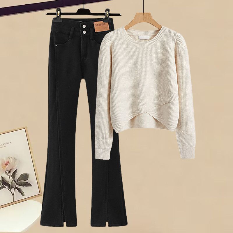 Conjunto de suéter de malha e calça jeans flare feminino para outono e inverno - corte justo, confortável e estiloso (várias opções de cores)_voghion.com