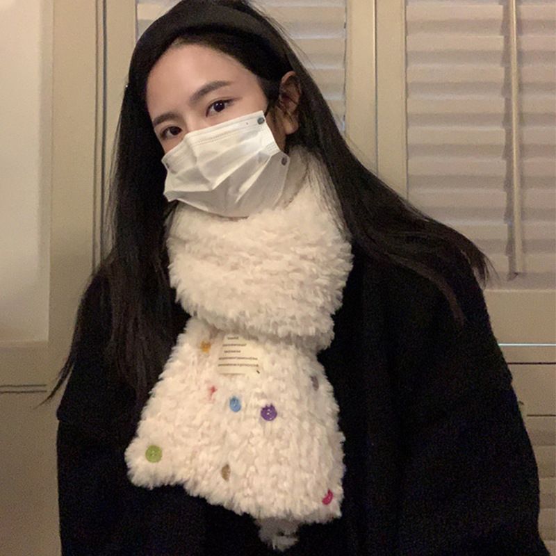 Sciarpa lunga in peluche da donna con motivo cervo bianco con bottoni uguali, nuova collezione autunno e inverno 2025, calda e spessa con collo alla moda_voghion.com