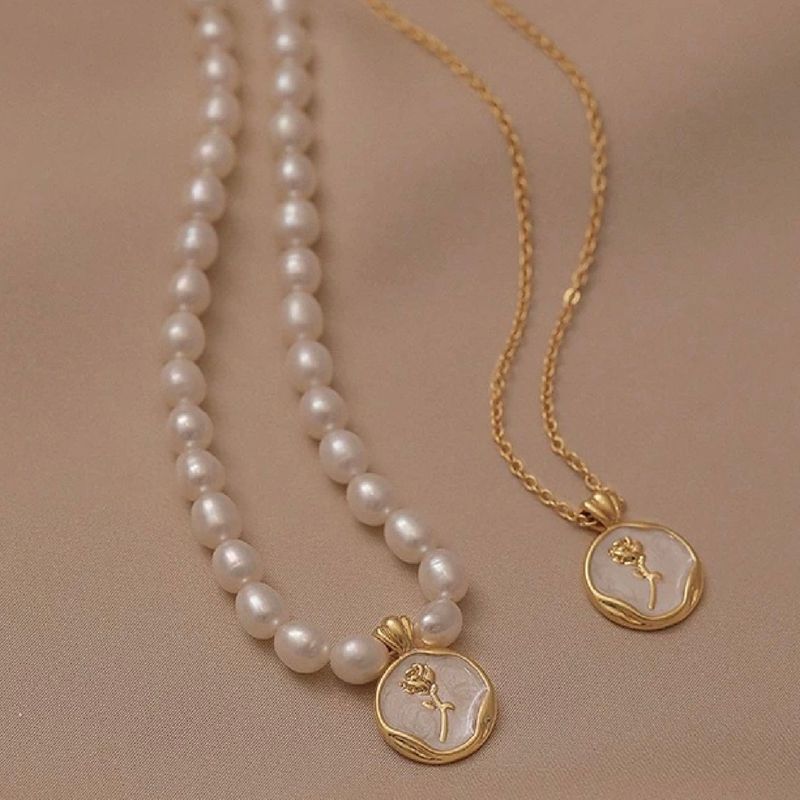 Collana da donna con elegante perla d'acqua dolce naturale francese, stile europeo e americano, in smalto bianco perlato, stile retrò, con catena per clavicola_voghion.com