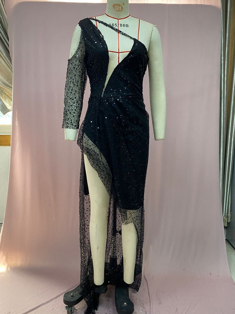 Damenbekleidung Damen verträumtes Partykleid in Partyqualität mit sexy Schlitz und langen Ärmeln und Pailletten für Bankettabend_voghion.com