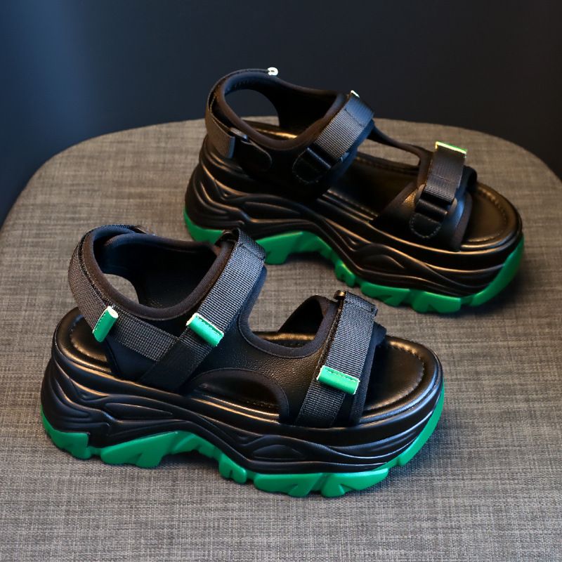 New thick soled Velcro sandals for women, soft soled high heeled beach sandals, internet celebrity ins platform sports sandals_voghion.com