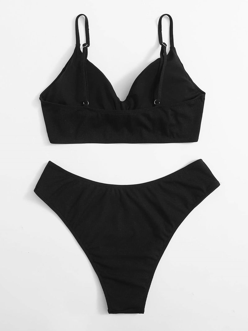 Bikini-Set mit hoher Taille in Übergröße – sexy rückenfreie Bademode für Damen (Bauchkontrolle, einfarbig, verstellbare Bänder)_voghion.com