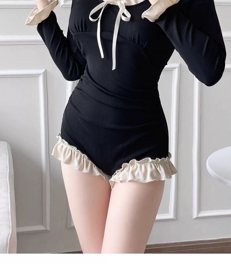 Maillot de bain une pièce à manches longues pour femme, style français, amincissant et conservateur, dissimulant le ventre, source chaude_voghion.com