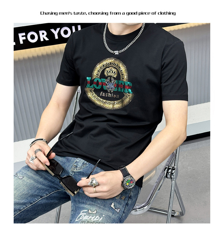 2024 T-shirt girocollo di lusso per uomo di alta qualità con lettere a caldo e stampa a diamante, traspirante, vestibilità aderente, marchio di moda corto_voghion.com