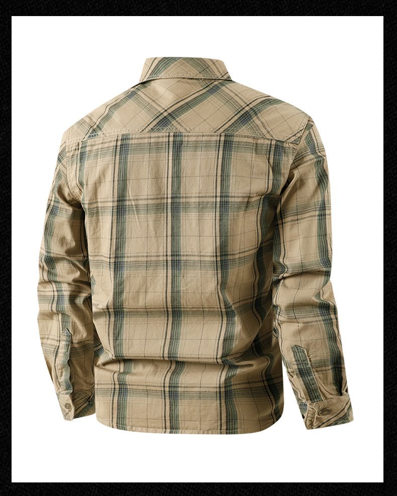 Men's Classic Plaid Work Shirt, 100% Cotton Long Sleeve Button-Up, Relaxed Fit For Business Casual & Outdoor Wear, Available In Army Green/Khaki/Navy_voghion.com