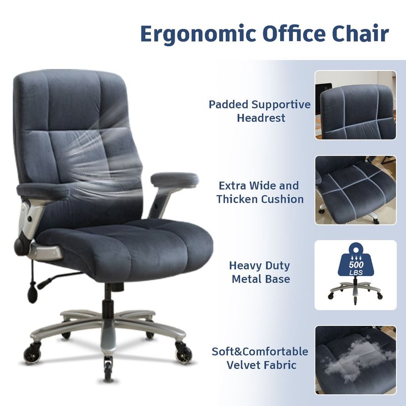 Big And Tall Office Chair 500lbs With Adjustable Lumbar Support, Fabric Executive Computer Chair With 2D Flip-up Armrests, Ergonomic Chair Quiet Rubber Wheels, Extra Wide Seat, Adjustable Headrest_voghion.com