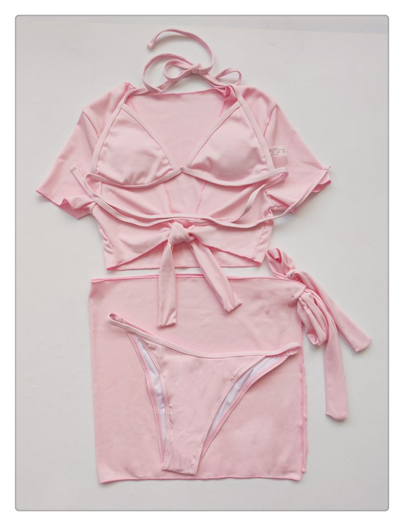 Nieuwe bikini vleesbedekking en dun vierdelig badpak Badpak Dames effen kleur meerdelig badpak_voghion.com