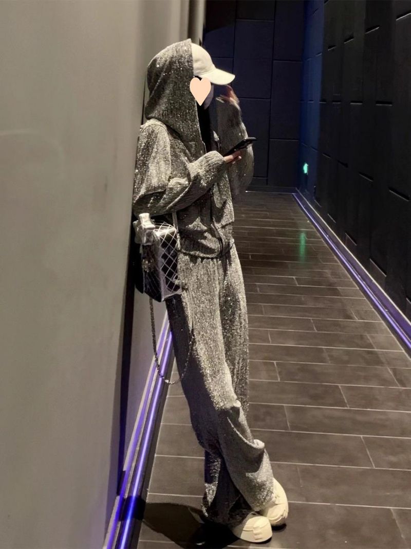 001 Modischer, hochwertiger Sportanzug für Damen, Frühling/Herbst, lässiges, locker sitzendes, figurformendes Kapuzensweatshirt mit Strasssteinen und langem Oberteil_voghion.com