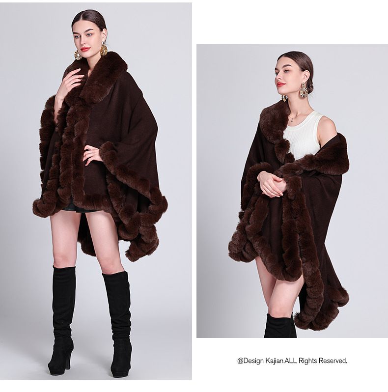 Eleganter Damen-Cape-Mantel mit Kunstpelzkragen – Übergroßer Strickjackenschal für Winter, Frühling und Herbst_voghion.com