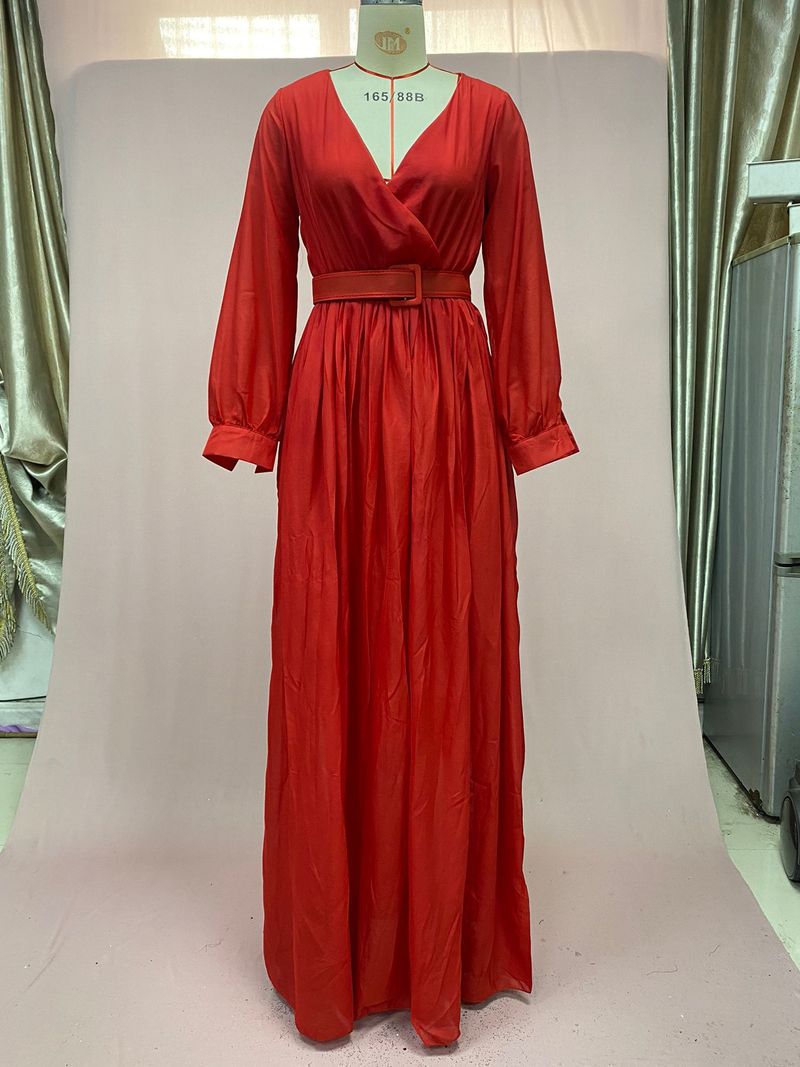 Vêtements pour femmes jaune taille haute slim couleur unie tempérament rétro mousseline de soie à manches longues robe longue_voghion.com
