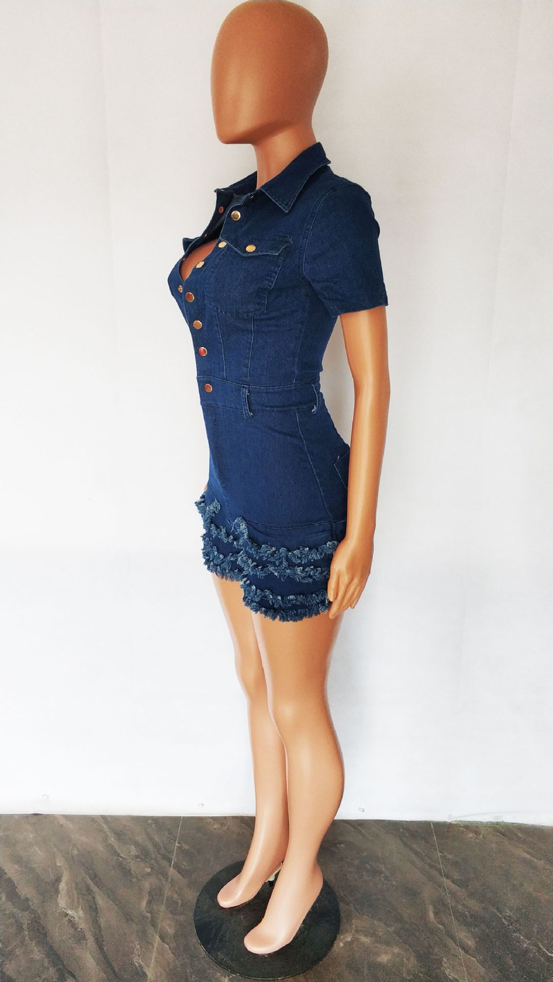 Women's fashion slim-fit denim romper with fringe and fur edge_voghion.com