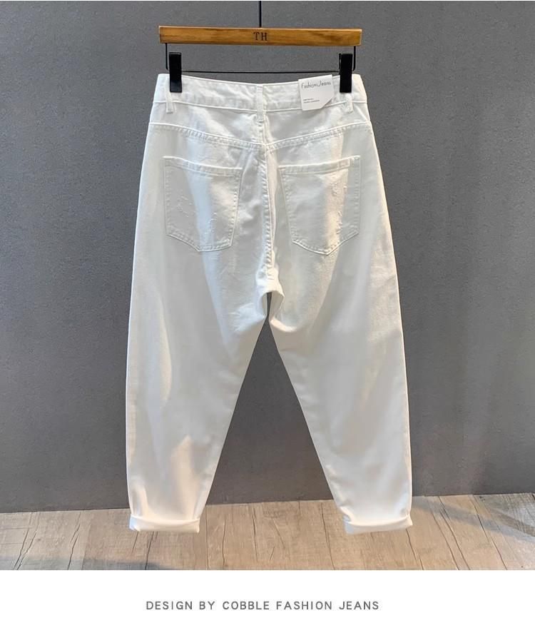 Men's White Distressed Slim Straight Jeans - Relaxed Fit Casual Streetwear With Micro Flare & Nine-Length Design For Summer_voghion.com
