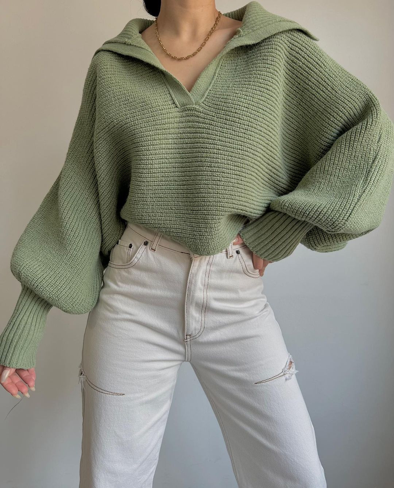 Abbigliamento donna autunno e inverno stile caldo pigro sciolto maniche a lanterna collo aperto pullover maglione corto da donna_voghion.com