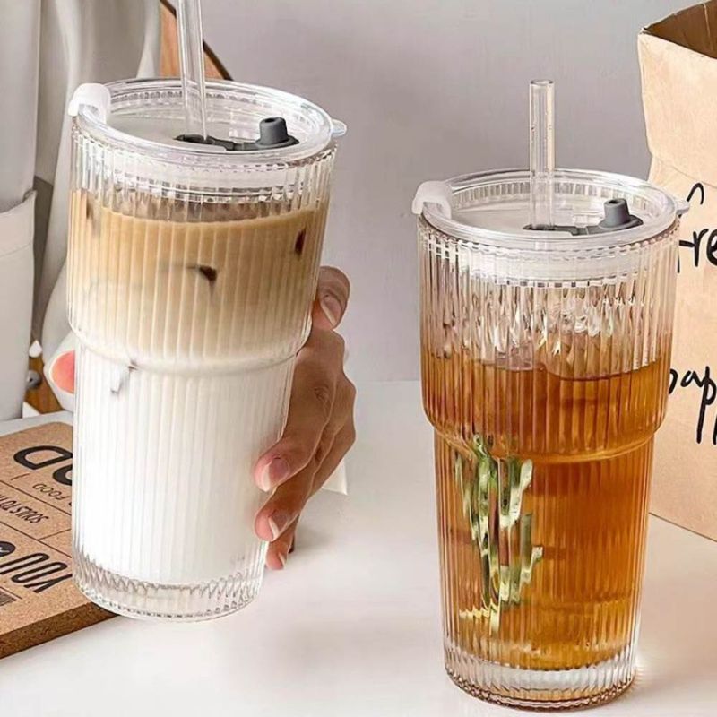 600ML Stripe Glass Coffee Cup With Straw Lid For Milk Tea Juice Breakfast Mugs Drinkware Travel Drinking Water Bottle Ho_voghion.com