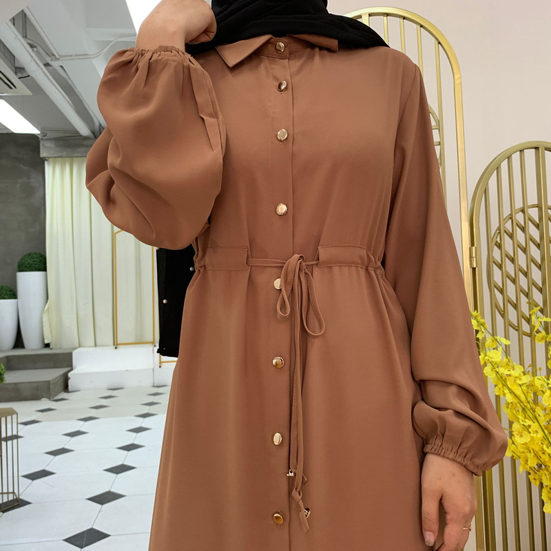 Roupas femininas nova moda muçulmana lapela cor sólida botão completo vestido fino saia longa_voghion.com