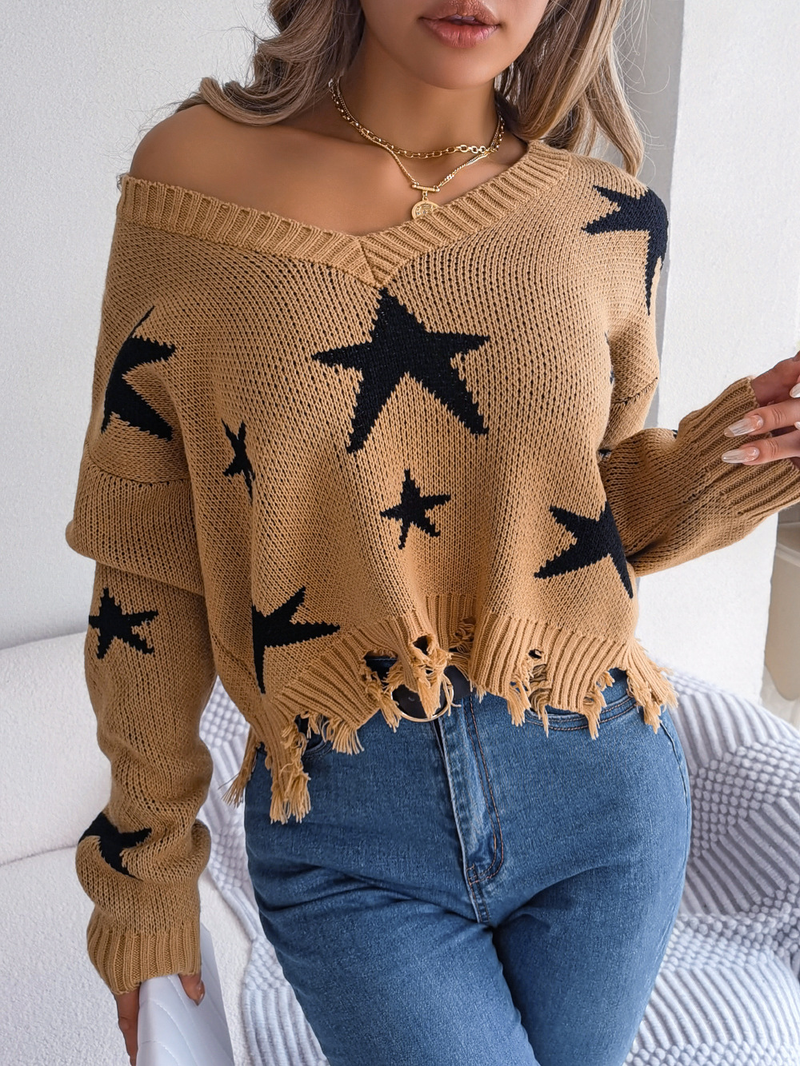 Damenbekleidung Stil Herbst und Winter Lässiger V-Ausschnitt Star Cut Langarm Strickpullover Damenbekleidung_voghion.com