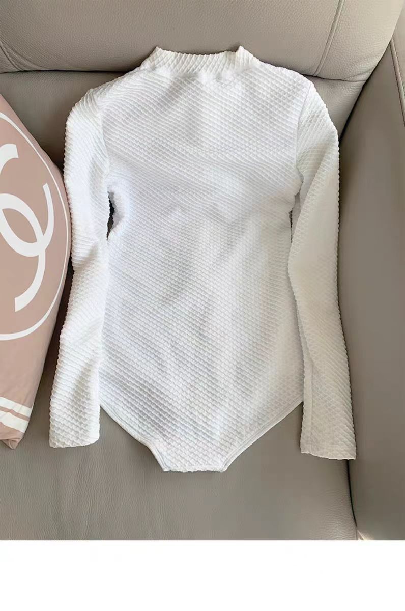 Maillot de bain une pièce blanc à manches longues pour femme, couleur unie, pour la plongée dans les sources chaudes_voghion.com