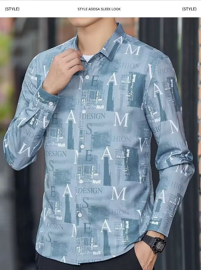 Camicia a maniche lunghe da uomo in primavera, sottile, ampia, stampata in digitale, camicia elastica, marchio alla moda, giacca cool_voghion.com