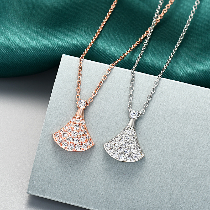 Fashionable high-end full diamond small skirt necklace, women's internet red fan-shaped pendant, stainless steel_voghion.com