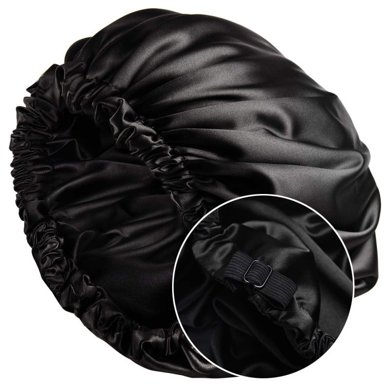 Berretto da notte in seta da donna, berretto nero in raso riccio, fibbia giapponese, regolabile, traspirante, caldo, rotondo_voghion.com