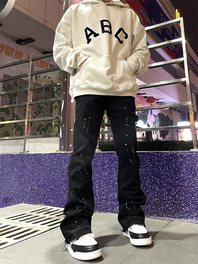 Herrenbekleidung High-Street-Fashion-Marke Splash Ink Micro-Schlagjeans für Herren im Retro-Stil, lockere, gerade, lässige, bodenlange Hose_voghion.com