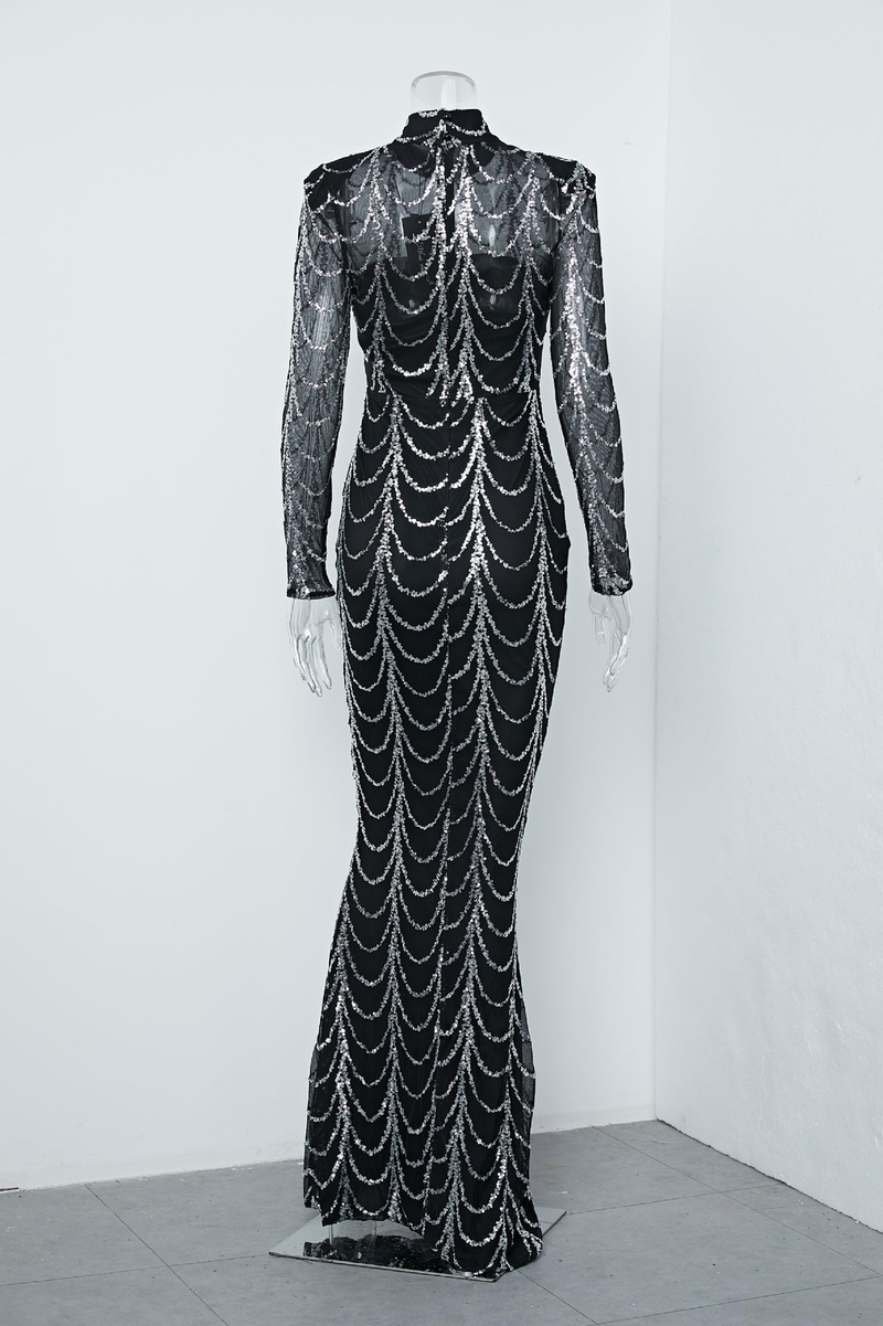 Damenbekleidung Langärmliges schwarzes Schleppkleid Sexy Perspektive gestreiftes langes Abendkleid mit Pailletten_voghion.com