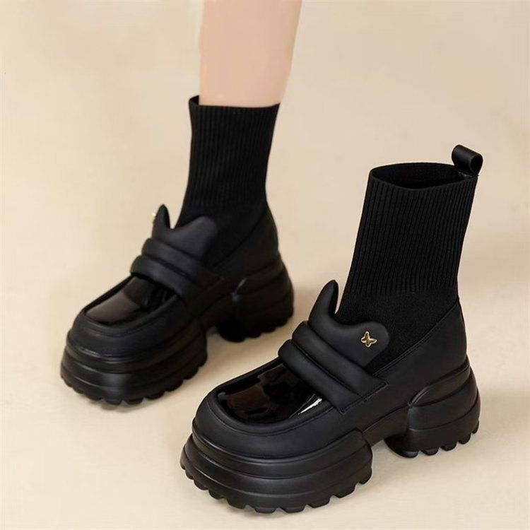 Stivali con calzini elastici lavorati a maglia con tacco alto e suola spessa 5 cm, versatili e comodi, con suola in spugna e stivaletti corti per_voghion.com