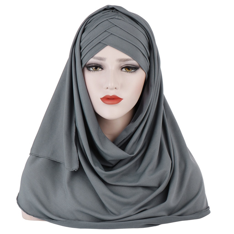 Set di due pezzi per cappello con sciarpa monocromatica in seta di latte per la copertura toppa alla moda delle donne musulmane_voghion.com