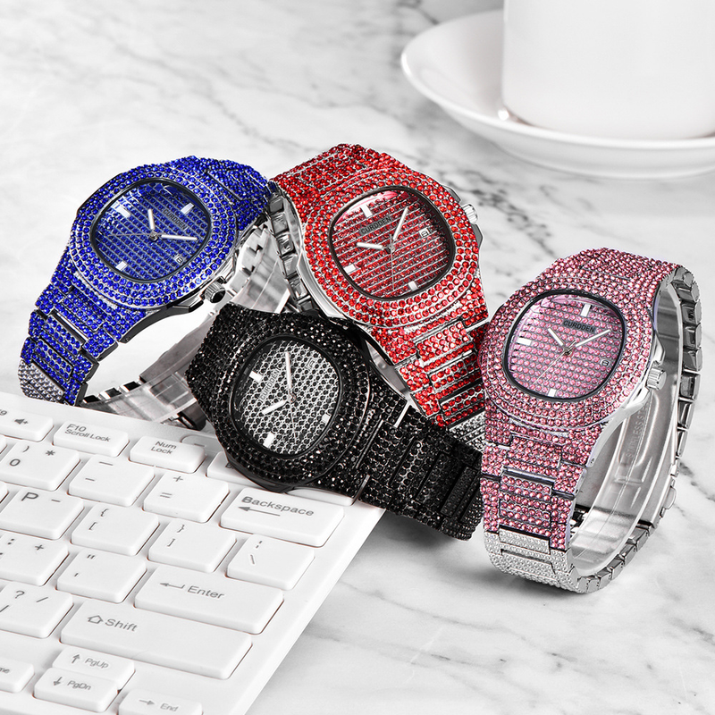 Orologio da uomo di lusso al quarzo con diamanti e data - Quadrante quadrato alla moda con cinturino in acciaio inossidabile, resistente all'acqua, funzione calendario (misure dalla 7 alla 11)_voghion.com