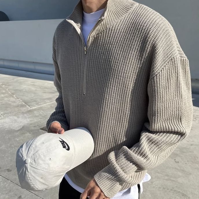 Autumn half zipper knitted sweater men's Korean-style trendy handsome all-match stand collar sweater top loose coat_voghion.com