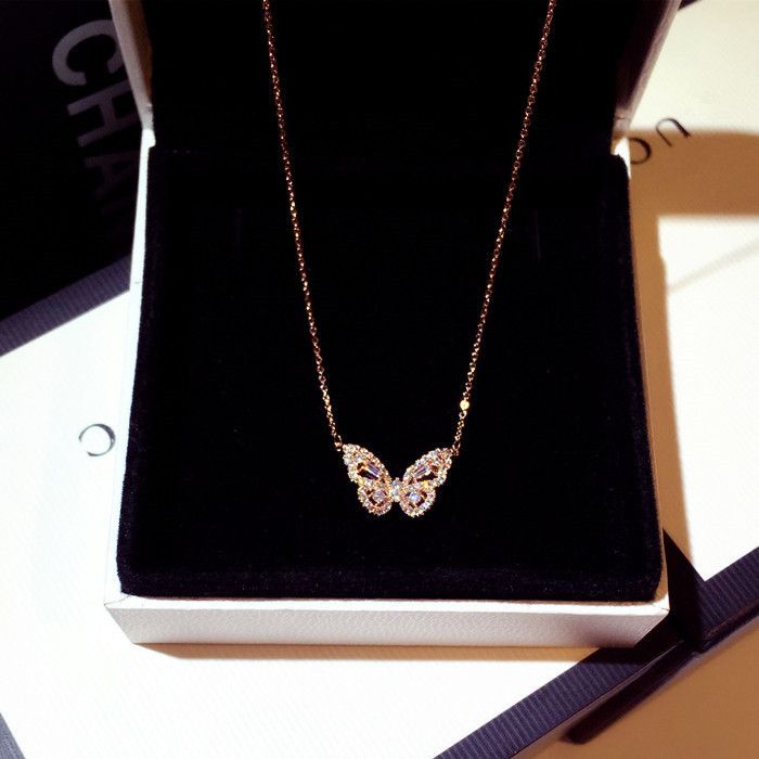 Forest Style Rose Gold Elegant And Dynamic Butterfly Pendant Necklace For Women With Zircon, Trendy Internet Celebrity_voghion.com