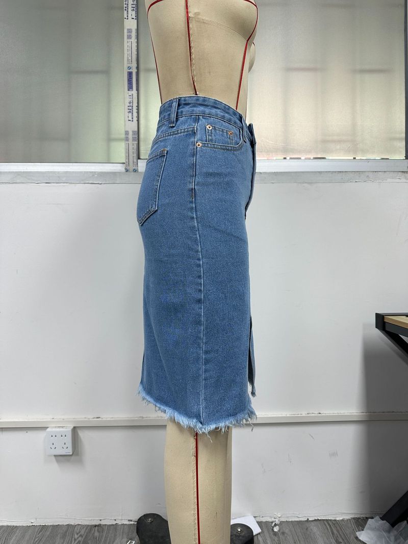 Gonna in denim a vita alta, di media lunghezza, con spacchi, aderente ai fianchi, per donna; stile europeo e americano._voghion.com