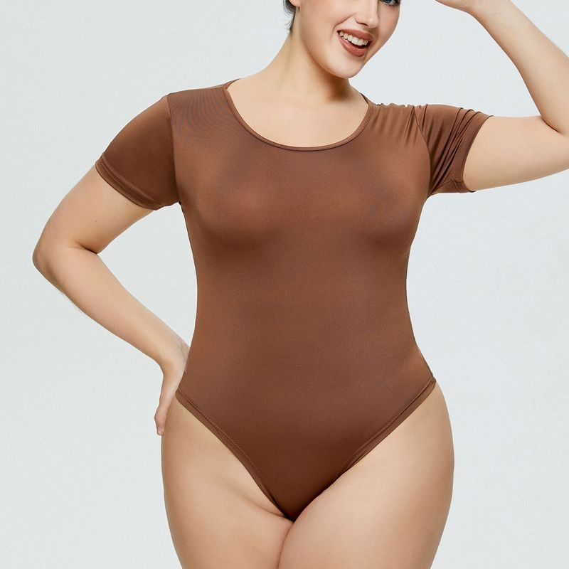 Body da donna taglie forti, tutto in uno, scollo rotondo, slip a maniche corte_voghion.com