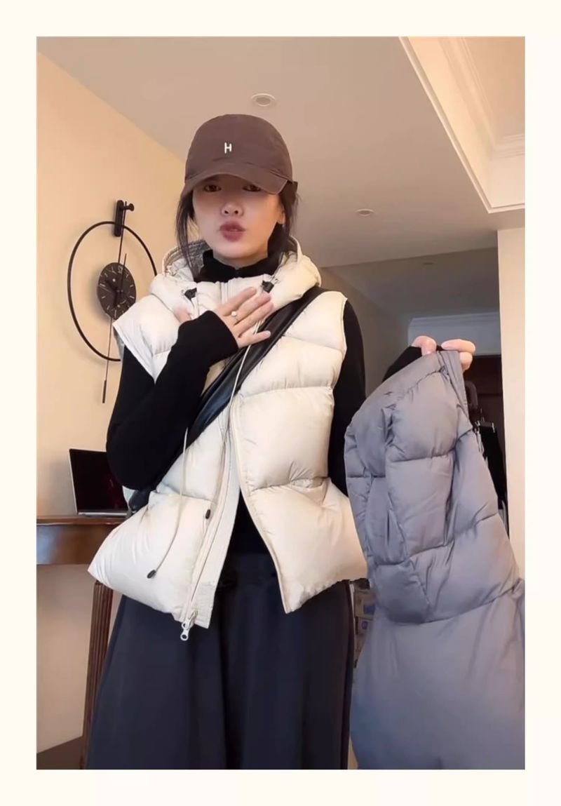 Kort wit eendendons vest met capuchon voor dames, winter 2024, nieuw, losvallend, hoogwaardig, slankmakend, petite vest_voghion.com