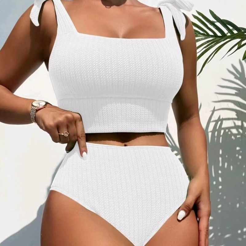 Zweiteiliger Badeanzug mit hoher Taille, konservative, einfarbige Bademode_voghion.com