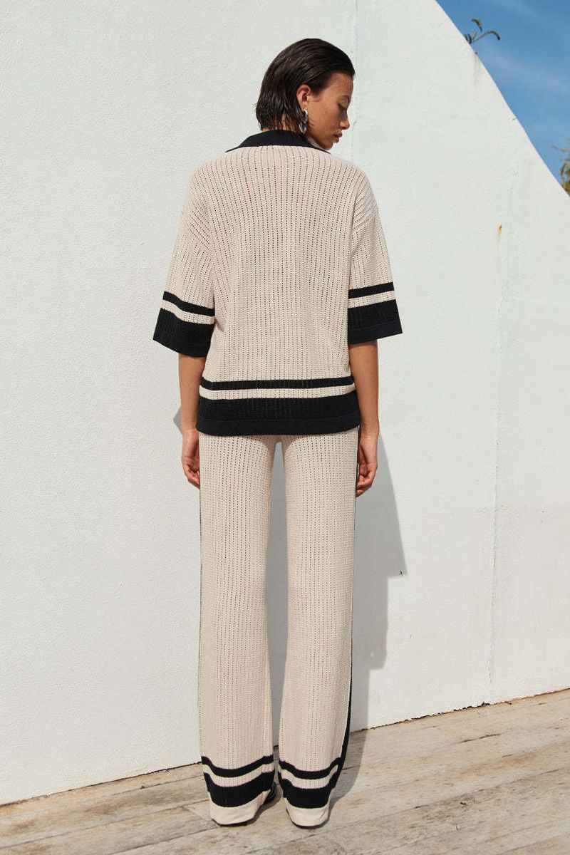 Women's Clothing Summer New Women's Clothing Fashion Hollow Striped Shirt Trousers Suit Knitted Two Piece Suit_voghion.com