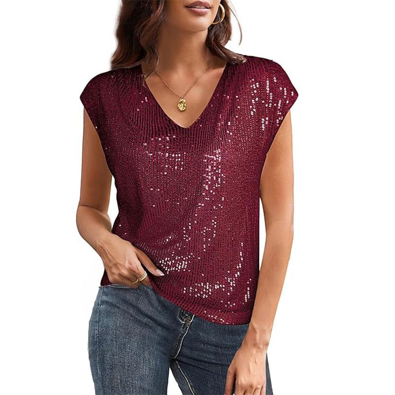 Canotta con scollo a V e maniche a pipistrello, con perline e glitter, nuova moda estiva 2025 da donna_voghion.com