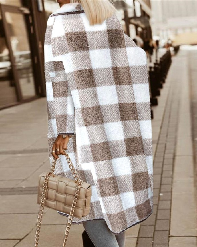 Damenbekleidung Mode karierte Wolljacke mittellanger Mantel_voghion.com