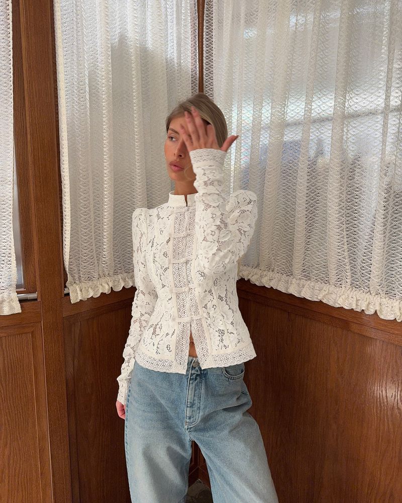 Elegant Lace Crochet Stand Collar Slim Fit Blouse For Women - Breathable Cotton Blend, Office & Casual Wear_voghion.com