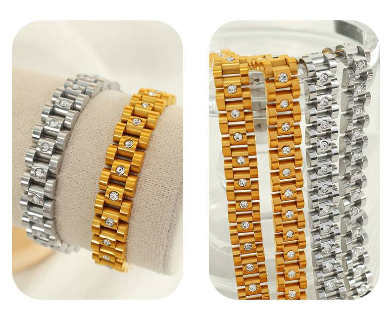 Retro style exquisite bracelet for girls gold round white rhinestone watch chain does not fade jewelry_voghion.com