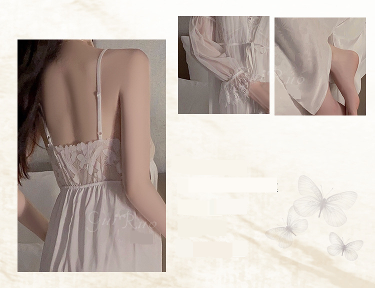 Damenbekleidung Guiruo Langer sexy Pyjama mit Brustpolstern Eisseide geraffter Sling-Nachthemd Mesh-Außenmantel Home-Kleidungsanzug_voghion.com