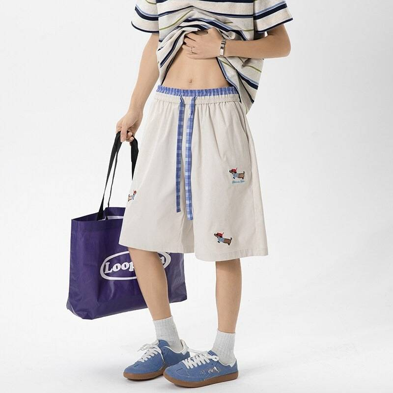 Herenkleding Retro Plaid Patchwork Casual Broek Heren Shorts Zomer Trendy Merk Sausage Dog Losse Rechte Sport Dubbele Taille Hoofd_voghion.com