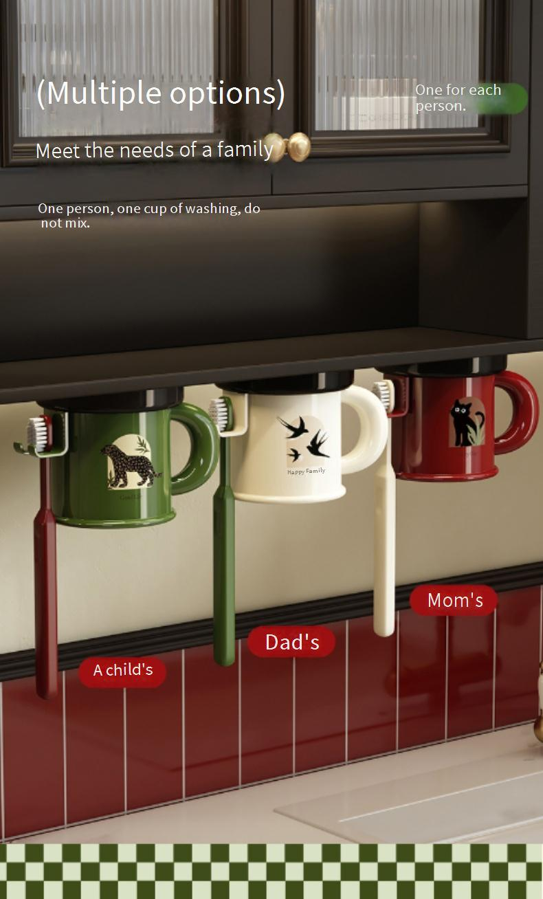 Family Organizer Inverted Magnetic Toothbrush Cup Punch Free Bathroom With Handle Retro Wash Cup Set Device Rack_voghion.com