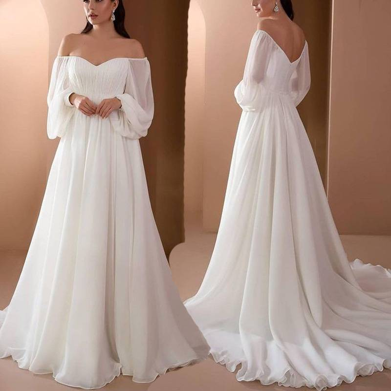 Elegant Chiffon Off-Shoulder Bridesmaid Dress For Women - Flowy Long Sleeve Maxi Dress With Princess Sleeves & Lace Trim_voghion.com
