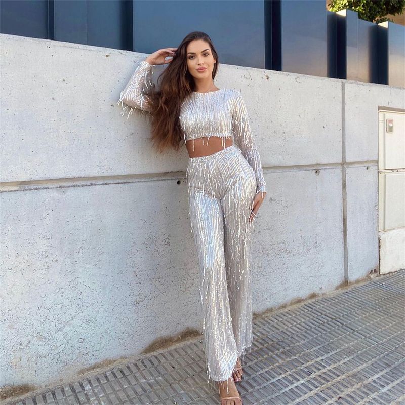 Costum de primăvară pentru femei, cu guler rotund, mânecă lungă, scurt, pantaloni, costum de două piese, tricou casual cu paiete și ciucuri_voghion.com
