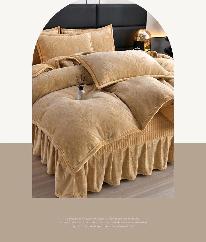 Copripiumino invernale in velluto di latte spesso imbottito in cotone, set da quattro pezzi, stile principessa, in pizzo, in velluto double-face, in pizzo, in velluto corallo._voghion.com