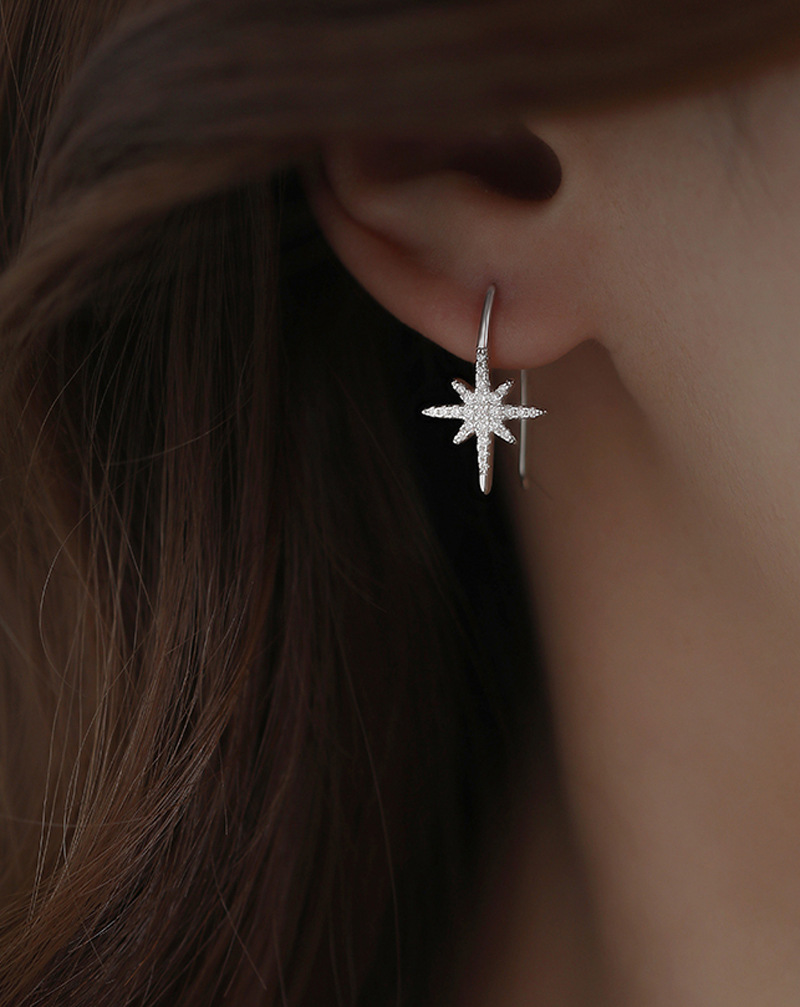 Sterling Sier VENUS Fashion Shining Zircon Hexagonal Star Earrings Women's Light U-shaped Earrings Jewelr_voghion.com