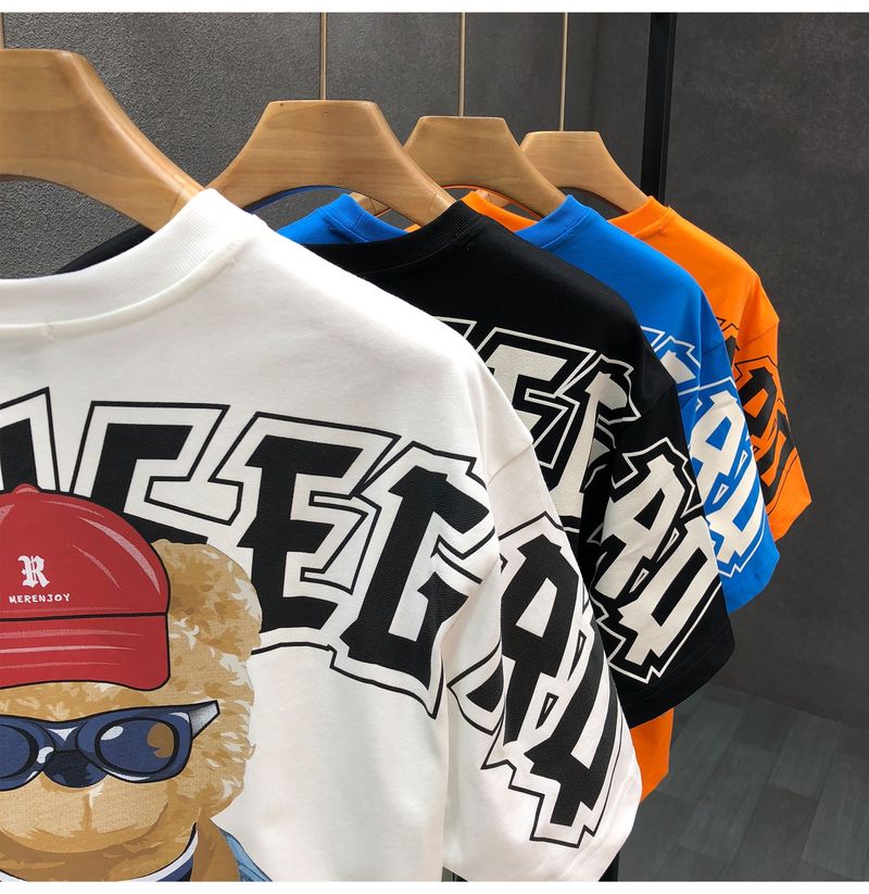 Herrenbekleidung Kurzarm-T-Shirt mit Cartoon-Bär-Aufdruck für Herren, Sommermode, All-Match, lässiger Rundhalspullover, lockeres Oberteil_voghion.com